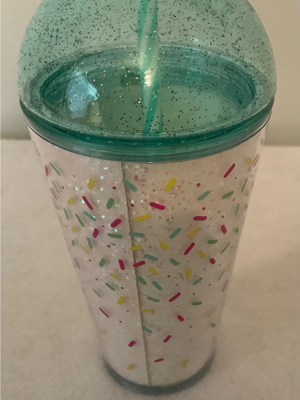 Starbucks White Tumbler with Teal Dome Lid and Sprinkle Design